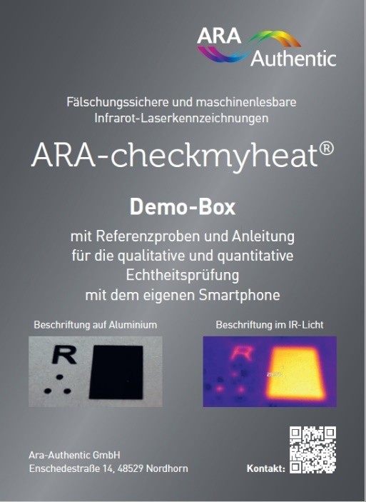 Vorderseitenansicht der Demo-Box, die ein IR-Adapter für iOS oder Android (USB-C), einen Memory-Stick mit der Bedienungsanleitung sowie drei mit fälschungssicheren Laserbeschriftungen versehene Referenz-Proben zum Testen enthält